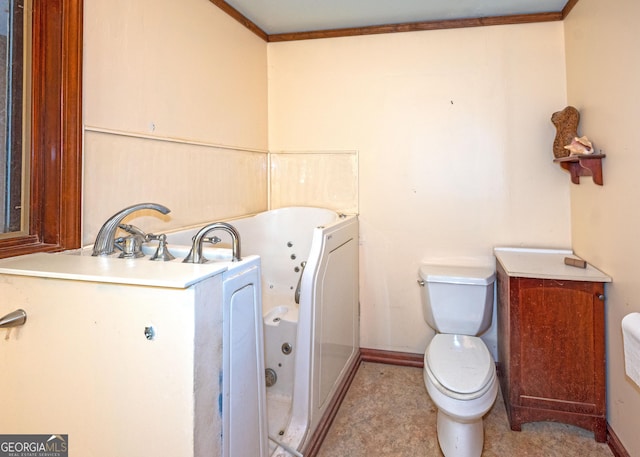 bathroom with crown molding, toilet, and a bathing tub