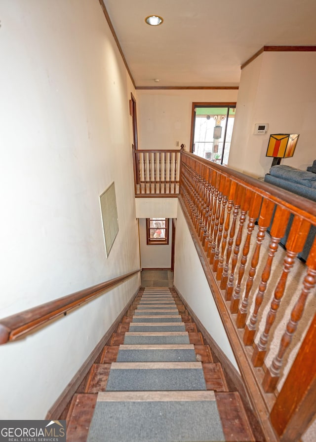 stairs with crown molding