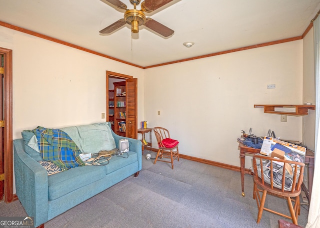 living room featuring ornamental molding and ceiling fan