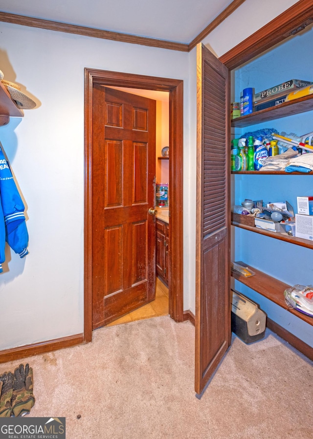 hallway with crown molding and light carpet