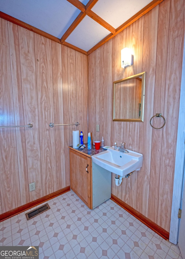 bathroom with sink and wood walls