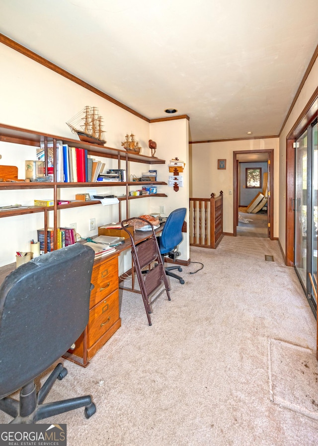 carpeted office space featuring ornamental molding