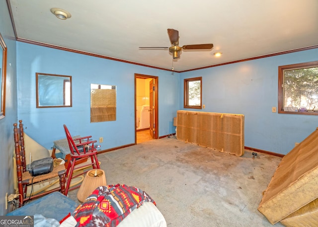 bedroom with multiple windows, ornamental molding, and light carpet