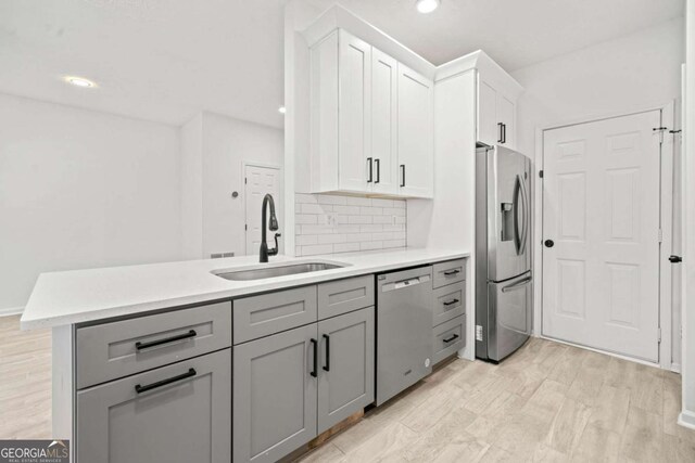 kitchen featuring appliances with stainless steel finishes, sink, white cabinets, backsplash, and kitchen peninsula