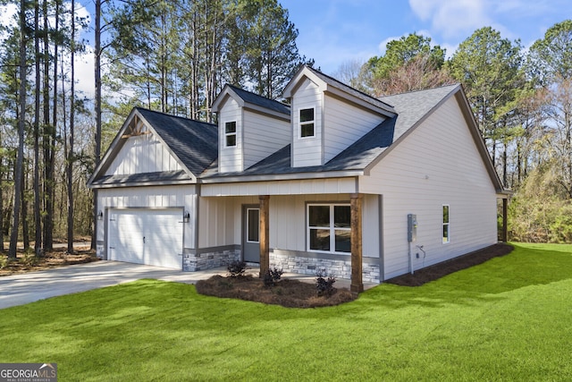 view of front of property with a garage, driveway, stone siding, roof with shingles, and a front lawn