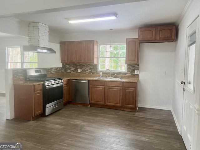 kitchen with stainless steel appliances, crown molding, sink, and dark wood-type flooring