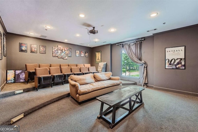 home theater room with ornamental molding and carpet flooring