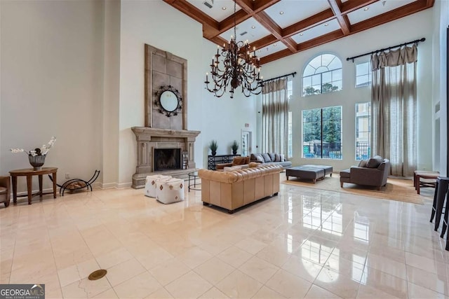 living room featuring a high ceiling, coffered ceiling, a notable chandelier, light tile patterned flooring, and beamed ceiling