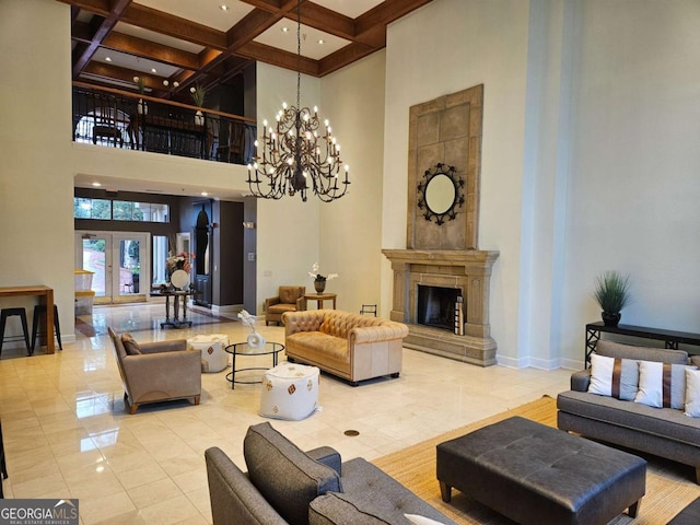 living room featuring french doors, coffered ceiling, light tile patterned floors, beam ceiling, and a high ceiling