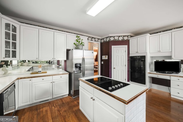 2290 Spencers Way, Stone Mountain, GA 30087 - kitchen featuring glass insert cabinets, black appliances, dark wood-style flooring, and white cabinets