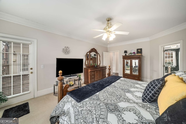 carpeted bedroom with crown molding, access to outside, and ceiling fan