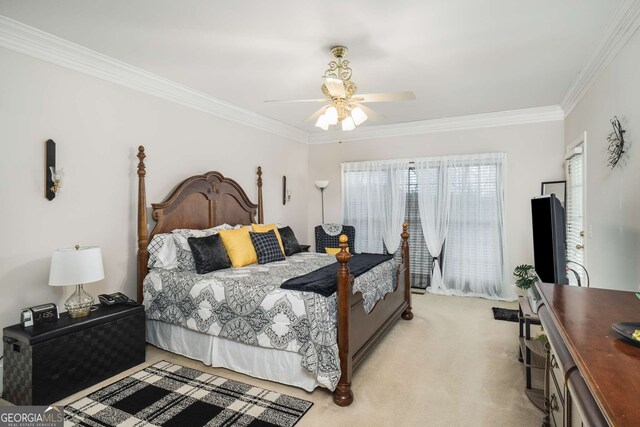2290 Spencers Way, Stone Mountain, GA 30087 - bedroom with ornamental molding, ceiling fan, and light colored carpet