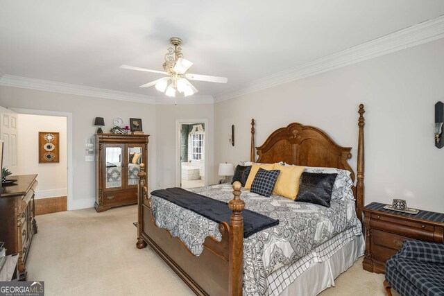 2290 Spencers Way, Stone Mountain, GA 30087 - bedroom with light colored carpet, ornamental molding, ceiling fan, ensuite bathroom, and baseboards