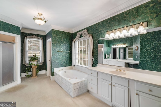 bathroom featuring ornamental molding, independent shower and bath, and vanity