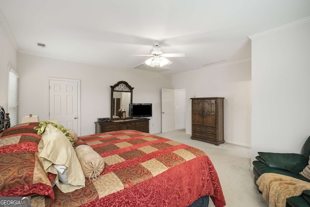 bedroom with crown molding, light carpet, and ceiling fan