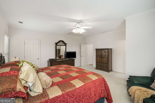 2290 Spencers Way, Stone Mountain, GA 30087 - bedroom with visible vents, crown molding, a ceiling fan, and light carpet