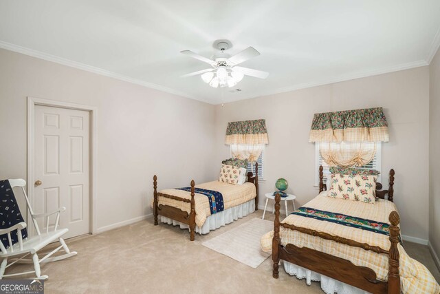 2290 Spencers Way, Stone Mountain, GA 30087 - bedroom featuring ceiling fan, light carpet, ornamental molding, and baseboards