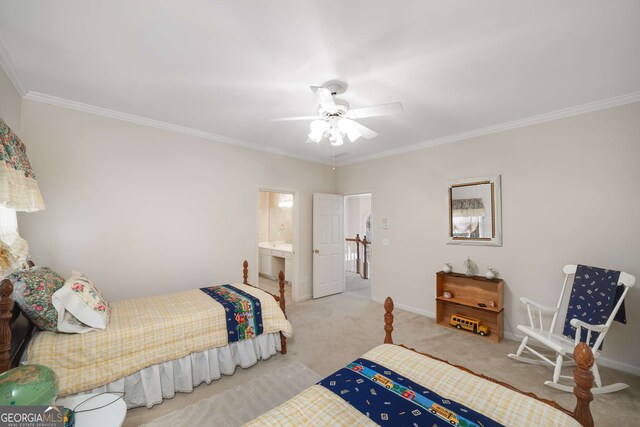 2290 Spencers Way, Stone Mountain, GA 30087 - carpeted bedroom featuring ceiling fan, crown molding, ensuite bath, and baseboards