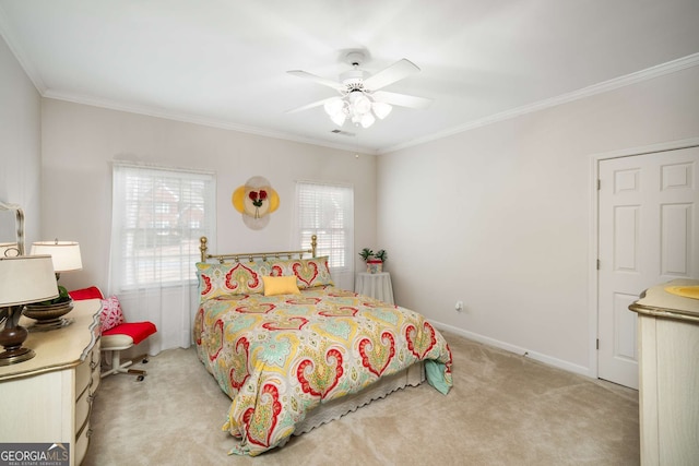 2290 Spencers Way, Stone Mountain, GA 30087 - bedroom with ornamental molding, visible vents, ceiling fan, and light colored carpet