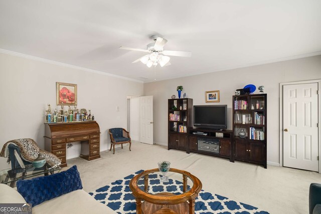 2290 Spencers Way, Stone Mountain, GA 30087 - living room with crown molding, a ceiling fan, light colored carpet, and baseboards