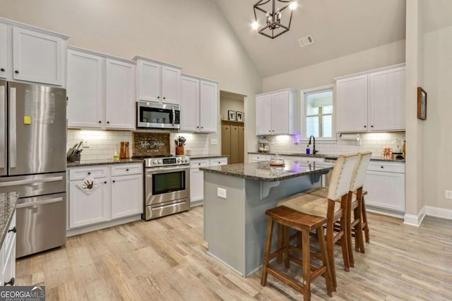 kitchen with white cabinetry, stainless steel appliances, and high vaulted ceiling