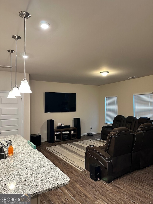 living room featuring dark wood-type flooring and sink