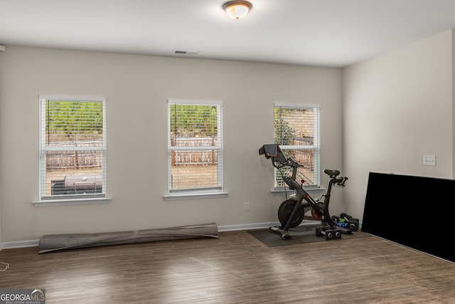 exercise room with wood-type flooring