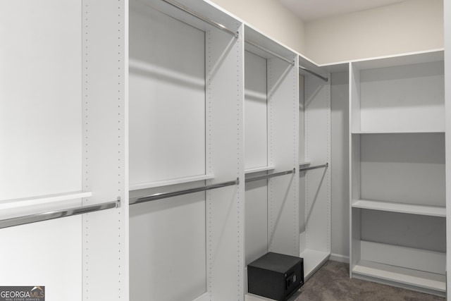 spacious closet featuring dark colored carpet