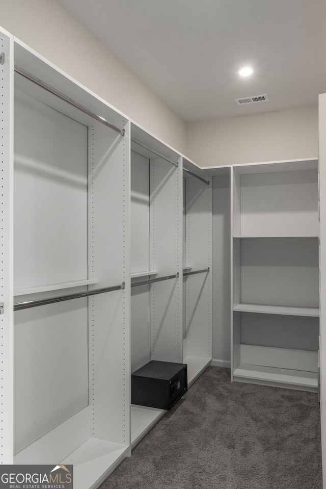 walk in closet with dark carpet