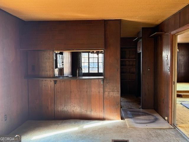 interior space with carpet flooring and wooden walls