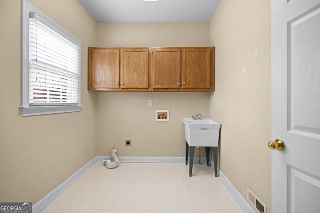 laundry area with cabinets, electric dryer hookup, and washer hookup