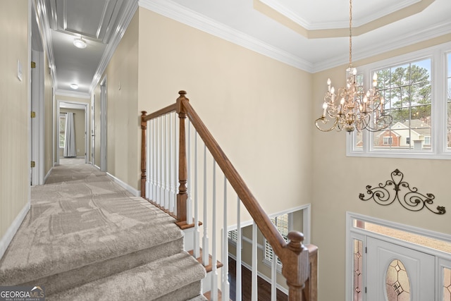 staircase with crown molding, a chandelier, and carpet flooring