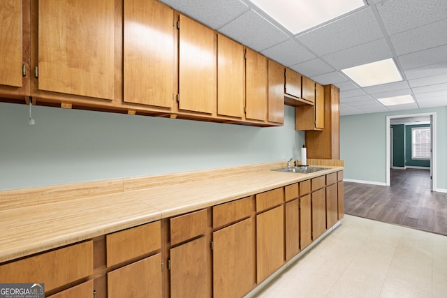 kitchen featuring sink, a drop ceiling, and light wood-type flooring