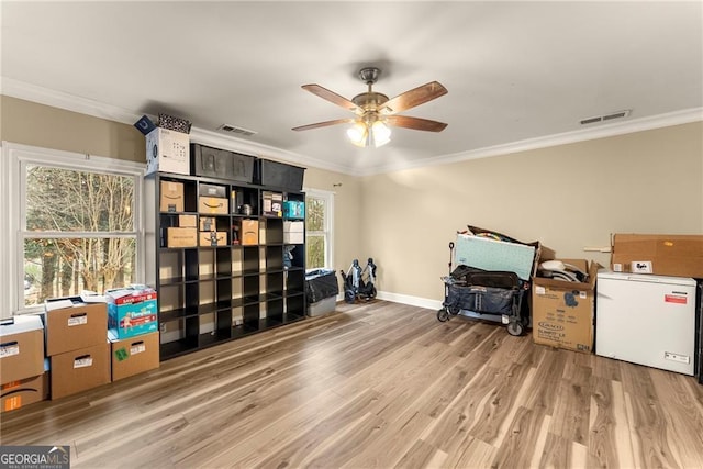 storage area featuring ceiling fan