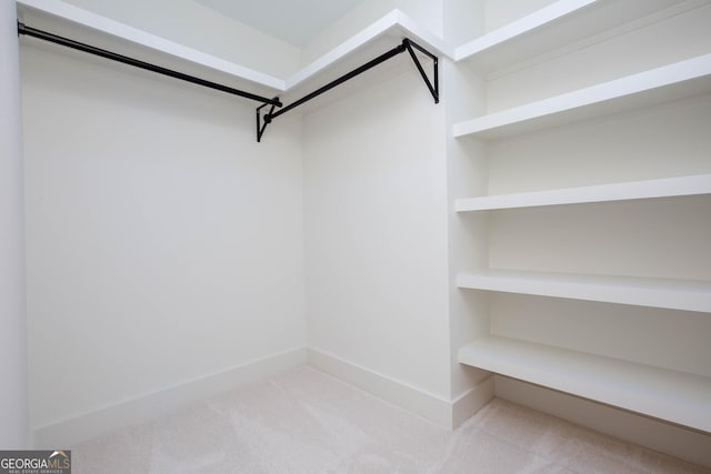 walk in closet featuring light colored carpet