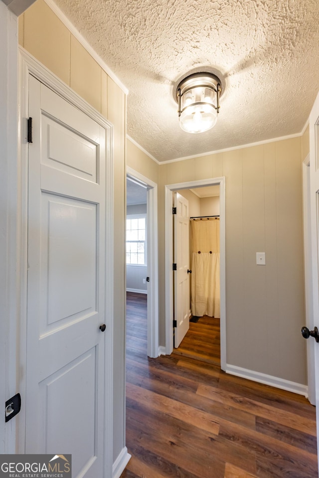 corridor featuring crown molding, dark hardwood / wood-style floors, and a textured ceiling