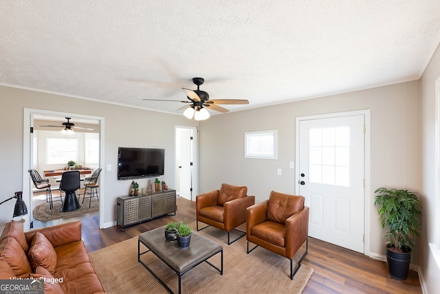 living room with dark wood-type flooring, a healthy amount of sunlight, and a textured ceiling