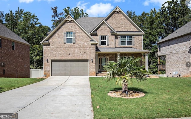 craftsman-style home with a garage and a front lawn