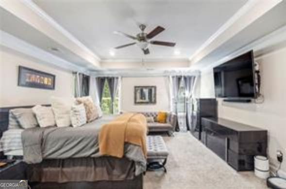 bedroom featuring crown molding, ceiling fan, and a raised ceiling