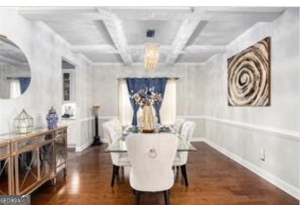 dining room featuring coffered ceiling, dark hardwood / wood-style flooring, and beamed ceiling