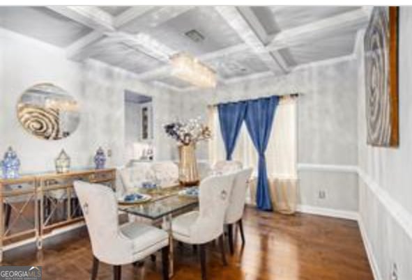 dining area featuring beamed ceiling, coffered ceiling, and dark hardwood / wood-style flooring