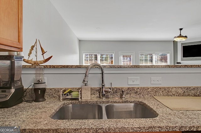 interior details featuring stone counters and a sink