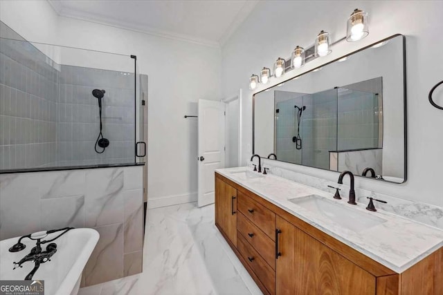 bathroom featuring shower with separate bathtub, ornamental molding, and vanity