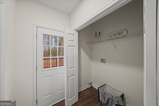 3308 Wildwood Dr SW, Marietta, GA 30060 - laundry area featuring baseboards, dark wood-style flooring, laundry area, and hookup for a washing machine