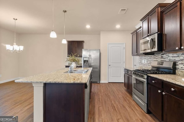 kitchen with dark brown cabinetry, sink, decorative light fixtures, stainless steel appliances, and a kitchen island with sink