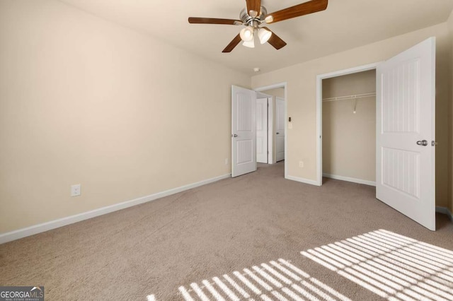 unfurnished bedroom with light carpet, a closet, and ceiling fan