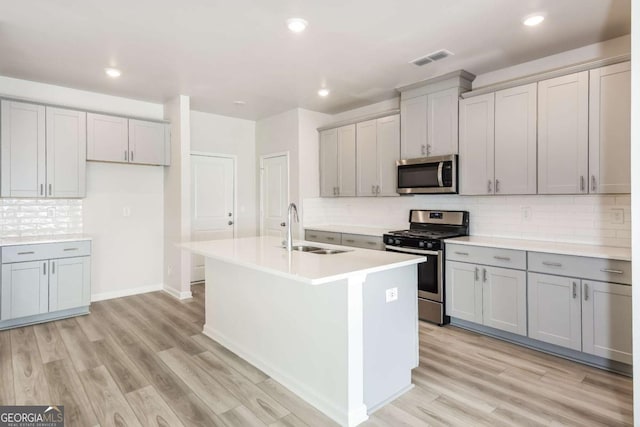 kitchen featuring an island with sink, stainless steel appliances, sink, and gray cabinetry