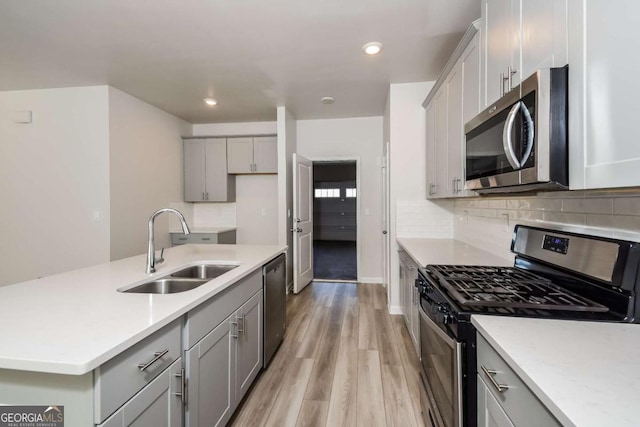 kitchen featuring sink, tasteful backsplash, light wood-type flooring, gray cabinets, and stainless steel appliances