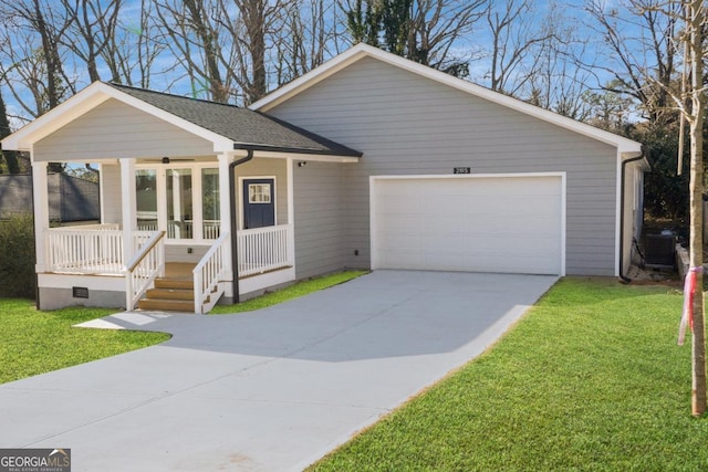 single story home featuring cooling unit, a garage, a front lawn, and a porch