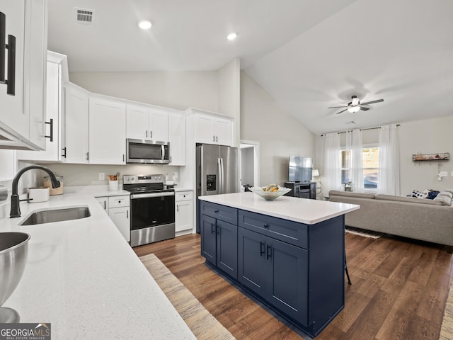 kitchen featuring white cabinetry, sink, stainless steel appliances, and blue cabinets